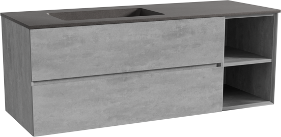 Storke Edge zwevend badmeubel 140 x 52 cm beton donkergrijs met Scuro asymmetrisch linkse wastafel in kwarts mat zwart