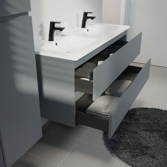 Linie Lado meuble salle de bains suspendu 120 x 46 cm bleu anthracite avec Vano double vasque en marbre composite blanc brillant