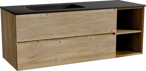 Storke Edge zwevend badmeubel 140 x 52 cm ruw eiken met Scuro asymmetrisch linkse wastafel in kwarts mat zwart