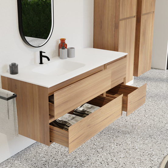 Balmani Mitra meuble salle de bains suspendu 135 x 55 cm teck avec Tablo Arcato vasque asymétrique gauche en solid surface blanc mat