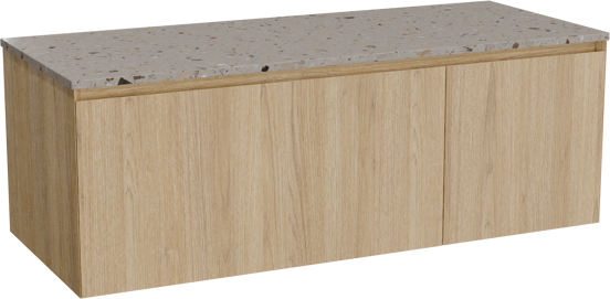 Balmani Idra hängendes Möbelstück Set: 135 x 55 cm, Naturbelassene Eiche, mit Stretto Einzel- oder Doppel Waschtischplatte, Terrazzo in Greige