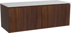 Storke Ribs hängendes Möbelstück Set: 130 x 52 cm, Nussbaum, mit Tavola Einzel- oder Doppel Waschtischplatte, Solid Surface, Weiß matt, Vertikale symmetrische gerade Rippe