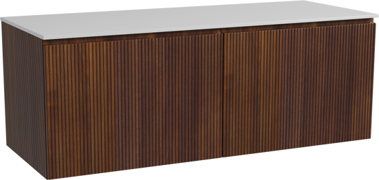 Storke Ribs meuble salle de bains suspendu 130 x 52 cm noyer avec Tavola tablette simple ou double en solid surface blanc mat, Nervure droite symétrique verticale