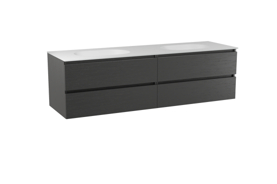 Balmani Lucida zwevend badkamermeubel 180 x 55 cm zwarte eik met Tablo Oval dubbele wastafel in solid surface mat wit