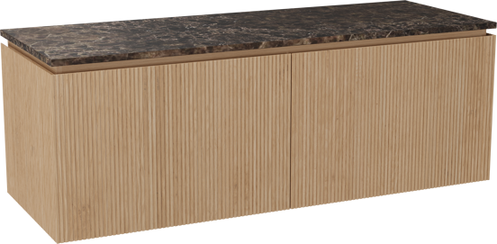 Balmani Eclips hängendes Möbelstück Set: 150 x 55 cm, Eiche Natur, mit Stretto Einzel- oder Doppel Waschtischplatte Marmor Dark Emperador, Vertikale symmetrische gerade Rippe
