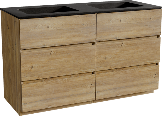 Storke Edge staand badmeubel 130 x 52 cm ruw eiken met Scuro dubbele wastafel in kwarts mat zwart