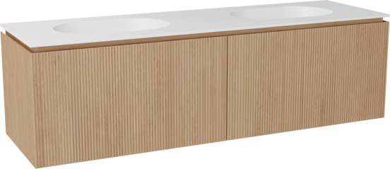 Balmani Eclips zwevend badkamermeubel 180 x 55 cm Natuur eik met Tablo Oval dubbele wastafel in Solid Surface mat wit, Verticale symmetrische rechte ribbel