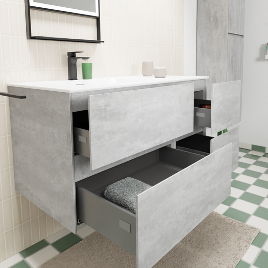 Storke Edge zwevend badmeubel 100 x 52 cm beton donkergrijs met Mata asymmetrisch linkse wastafel in solid surface mat wit