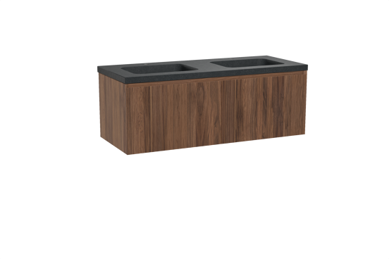 Balmani Fila hängendes Möbelstück Set: 135 x 55 cm, Nussbaum, mit Napoli Doppelwaschtisch, Granit, Schwarzes Granit, Vertikale symmetrische gerade Rippe