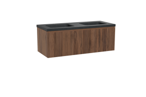 Balmani Fila hängendes Möbelstück Set: 135 x 55 cm, Nussbaum, mit Napoli Doppelwaschtisch, Granit, Schwarzes Granit, Vertikale symmetrische gerade Rippe