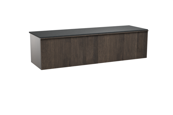 Balmani Forma zwevend badkamermeubel 180 x 55 cm gerookte eik met Stretto enkel of dubbel tablet in graniet zwart, Verticale symmetrische rechte ribbel