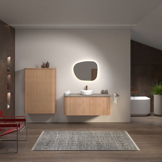 Balmani Moon zwevend badkamermeubel 130 x 55 cm natuur eik met Moon enkel of dubbel tablet in terrazzo greige terrazzo, Verticale symmetrische rechte ribbel