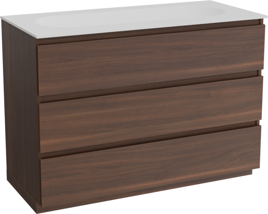 Balmani Lucida meuble salle de bains à poser 120 x 55 cm noyer américain avec Tablo Oval lavabo simple pour 2 trous de robinet en solid surface blanc mat