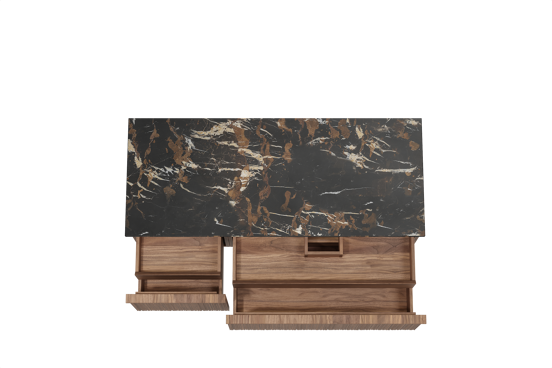 Balmani Forma hängendes Möbelstück Set: 135 x 55 cm, Amerikanischer Nussbaum, mit Stretto Einzel- oder Doppel Waschtischplatte, Marmor, Portoro Gold, Vertikale asymmetrische Runde Rippe