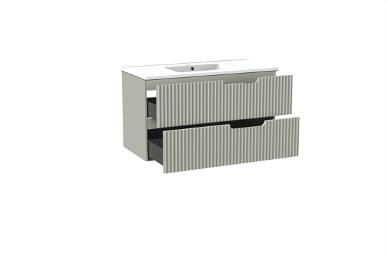 Linie Ribbo meuble salle de bains suspendu 100 x 46 cm greige avec Vano plan simple en marbre composite blanc mat, Nervure circulaire symétrique verticale