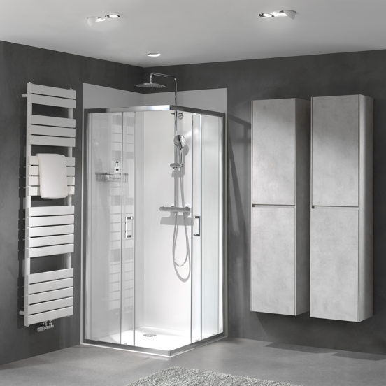 Luca Varess Vidor Eckdusche: Eckeinstieg und 2 Schiebetüren: 90 x 90 cm, Klarglas, Chromprofil