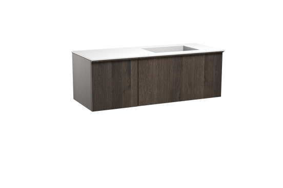 Balmani Forma meuble salle de bains suspendu 135 x 55 cm chêne fumé avec Tablo Stretto vasque asymétrique droite en solid surface blanc mat, Nervure droite symétrique verticale