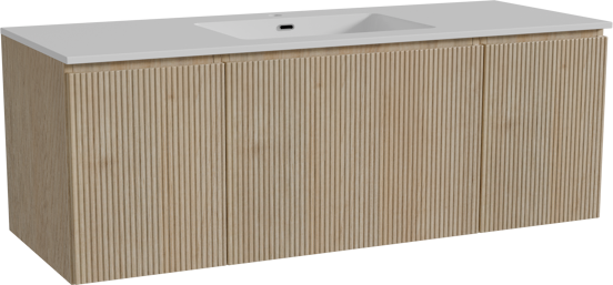 Storke Ribs zwevend badkamermeubel 135 x 52 cm ruwe eik met Diva enkele wastafel in composietmarmer glanzend wit, Verticale symmetrische rechte ribbel
