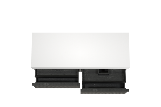 Balmani Forma zwevend badkamermeubel 150 x 55 cm zwarte eik met Dominus enkel of dubbel tablet in solid surface mat wit, Verticale symmetrische rechte ribbel