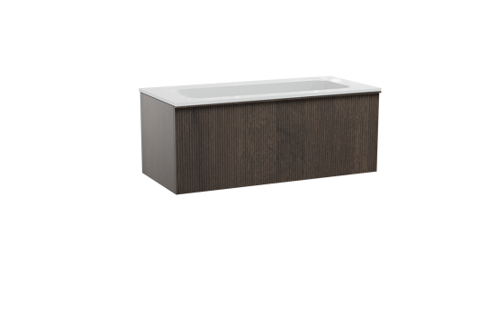 Balmani Forma zwevend badkamermeubel 120 x 55 cm gerookte eik met Tablo Strada enkele wastafel in composietmarmer glanzend wit, Verticale symmetrische rechte ribbel