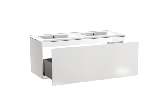 Linie Lado meuble salle de bains suspendu 120 x 46 cm blanc brillant avec Vano double vasque en marbre composite blanc brillant