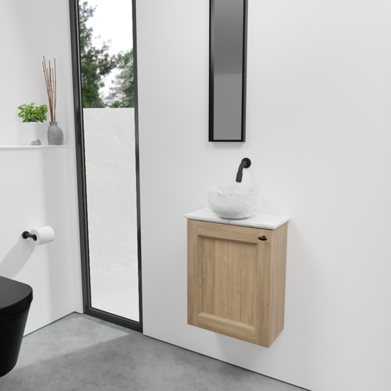 Balmani Lemon zwevend toiletmeubel 42 x 21 cm verweerd eiken met Facetta wastafelblad en Bowl waskom in Carrara marmer