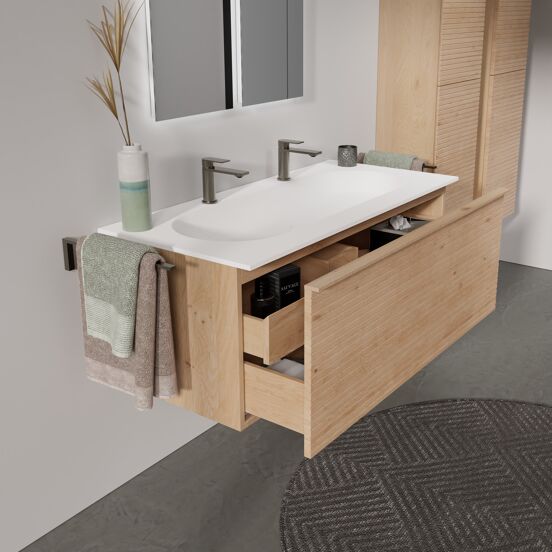 Balmani Forma meuble salle de bains suspendu 120 x 55 cm chêne naturel avec Tablo Oval lavabo simple pour 2 trous de robinet en solid surface blanc mat, Nervure droite symétrique horizontale