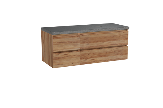 Balmani Lucida hängendes Möbelstück Set: 135 x 55 cm, Teak, mit Rock Waschtisch rechts, Schwarzes Granit
