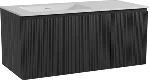 Storke Ribs zwevend badkamermeubel 110 x 52 cm zwarte eik met Mata asymmetrisch linkse wastafel in solid surface mat wit, Verticale asymmetrische rechte ribbel