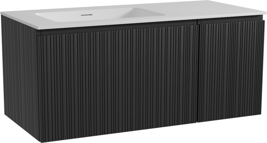 Storke Ribs meuble salle de bains suspendu 110 x 52 cm chêne noir avec Mata vasque asymétrique gauche en solid surface blanc mat, Nervure droite asymétrique verticale