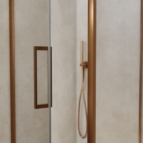 Balmani Senses Design douchehoek met linkse draaideur en vaste zijwand, 90 x 90 cm, Helder glas, Brushed Rosegold profielen, met coating