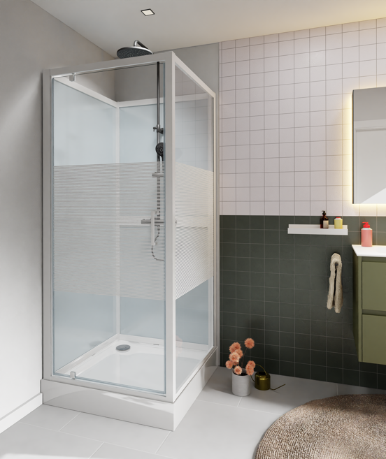 Luca Varess Talan douchecabine met draaideuren 90 x 90 cm helder glas met mat gestreepte strook glanzend wit profiel