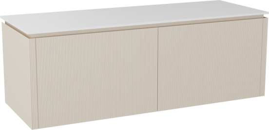 Balmani Eclips meuble salle de bains suspendu 150 x 55 cm Sandbeige avec Stretto tablette simple ou double en Solid Surface blanc mat, Nervure droite symétrique verticale