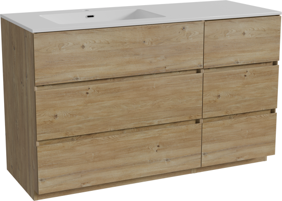 Storke Edge staand badkamermeubel 130 x 52 cm ruwe eik met Diva asymmetrisch linkse wastafel in composietmarmer glanzend wit