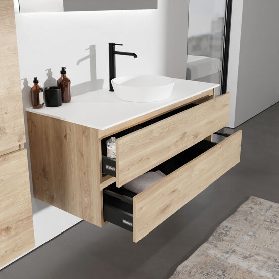 Balmani Lucida zwevend badkamermeubel 120 x 55 cm ruwe eik met Stretto enkel of dubbel tablet in solid surface mat wit