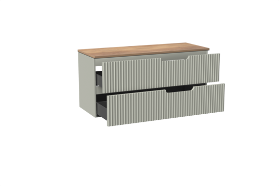 Linie Ribbo meuble salle de bains suspendu 120 x 46 cm greige avec Lado tablette simple ou double en mélaminé chêne naturel, Nervure circulaire symétrique verticale
