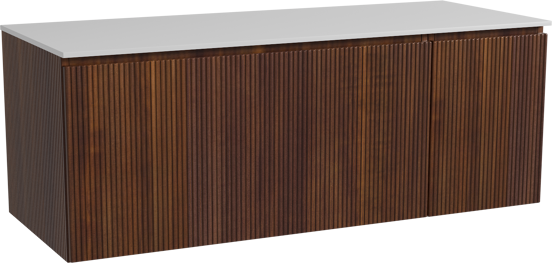 Storke Ribs zwevend badmeubel 130 x 52 cm notenhout met Tavola enkel of dubbel wastafelblad in solid surface mat wit, Verticale symmetrische rechte ribbel
