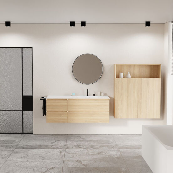 Balmani Mitra meuble salle de bains suspendu 135 x 55 cm chêne naturel avec Tablo Arcato vasque asymétrique droite en solid surface blanc mat