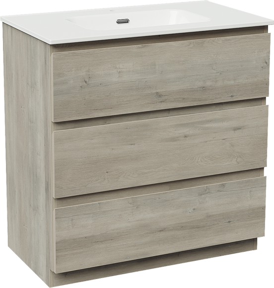 Linie Lado meuble salle de bains à poser 80 x 46 cm chêne gris avec Baro plan simple en porcelaine blanc brillant