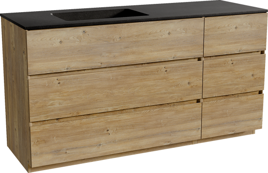Storke Edge meuble salle de bains à poser 150 x 52 cm chêne brut avec Scuro vasque asymétrique gauche en quartz noir mat