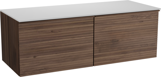 Balmani Forma hängendes Möbelstück Set: 135 x 55 cm, Amerikanischer Nussbaum, mit Stretto Einzel- oder Doppel Waschtischplatte, Solid Surface, Weiß matt, Horizontale symmetrische gerade Rippe