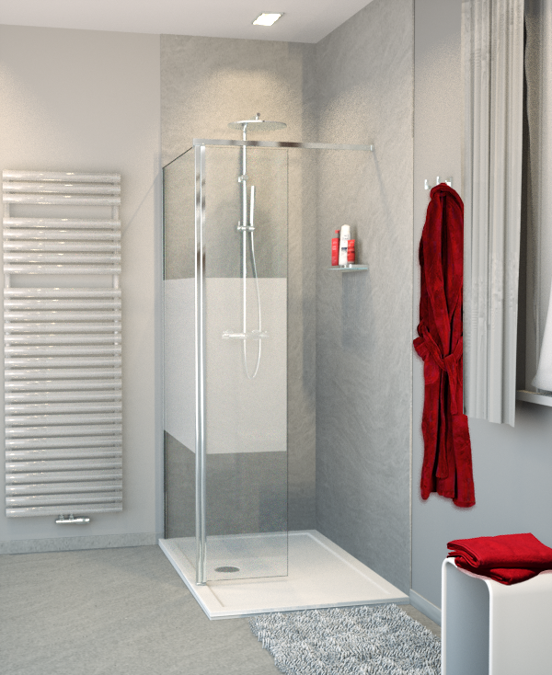 Balmani Move douche à l'italienne avec panneau latéral pivotant 90 x 200 cm verre transparent avec bande matte profil chrome brillant