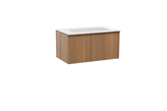 Balmani Forma hängendes Möbelstück Set: 90 x 55 cm, Teak, mit Tablo Strada Einzelwaschtisch, Marmorkomposit, Weiß matt, Vertikale symmetrische gerade Rippe