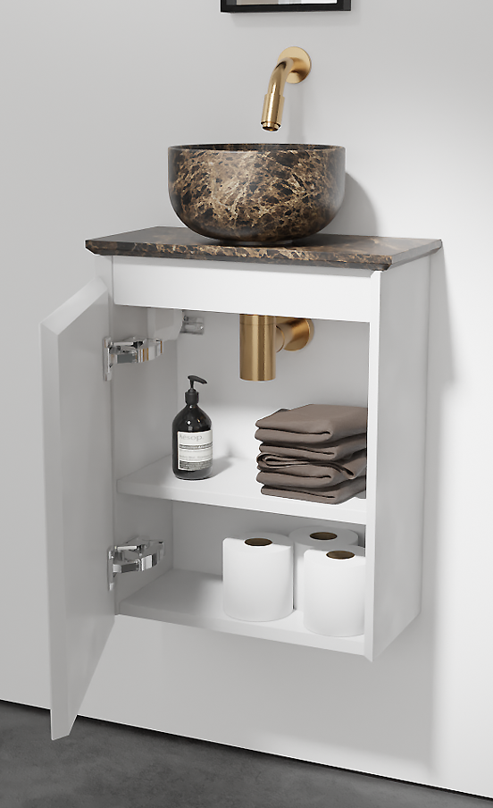 Balmani Mitra hängendes WC-Möbel-Set, 42 x 21 cm, weiß matt, mit Facetta Waschtischplatte und Bowl Aufsatzbecken in Dark Emperador Marmor