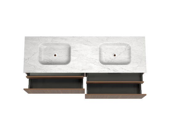 Balmani Sfera hängendes Möbelstück Set: 180 x 55 cm, Amerikanischer Nussbaum, mit Tablo Arcato Doppelwaschtisch, Marmor Carrara