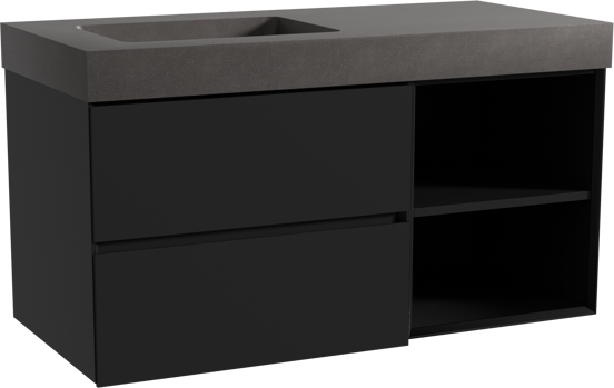 Storke Edge meuble salle de bains suspendu 110 x 52 cm noir mat avec Scuro High plan vasque asymétrique à gauche en quartz noir mat