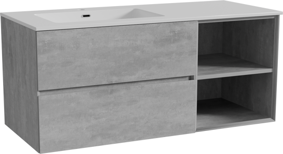 Storke Edge zwevend badmeubel 120 x 52 cm beton donkergrijs met Diva asymmetrisch linkse wastafel in composietmarmer hoogglans wit