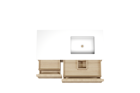 Balmani Forma zwevend badmeubel 120 x 55 cm naturel eiken met Tablo Stretto asymmetrisch rechtse wastafel in solid surface mat wit, Verticale asymmetrische ronde ribbel