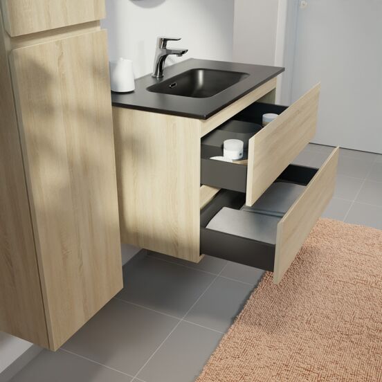 Linie Lado meuble salle de bains suspendu 80 x 46 cm chêne blanc avec Baro plan simple en porcelaine noir mat