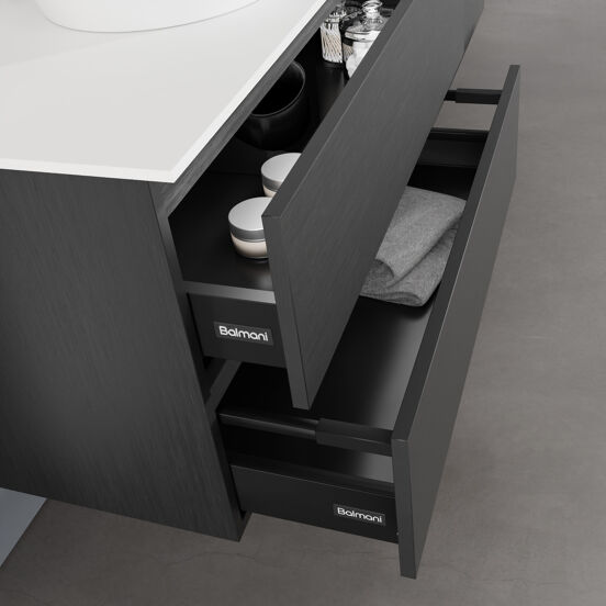 Balmani Lucida zwevend badmeubel 180 x 55 cm zwart eiken met Stretto enkel of dubbel wastafelblad in solid surface mat wit